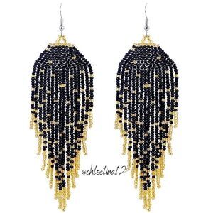NEW Handmade Black/ Gold Long Tassel Earrings,  Statement Earrings